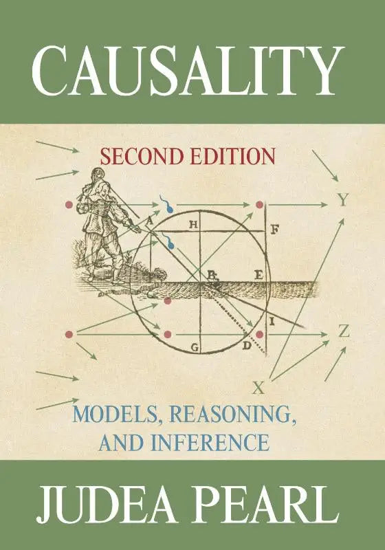 The book cover of causality by judea pearl shows a vintage man illustration with arrows on a circular diagram for cognitive science