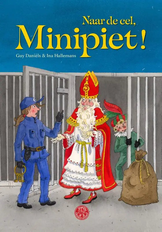 Een cartoonillustratie van sinterklaas in een rood wit gewaad met goudkleurige bies voor jonge lezers in naar de cel minipiet