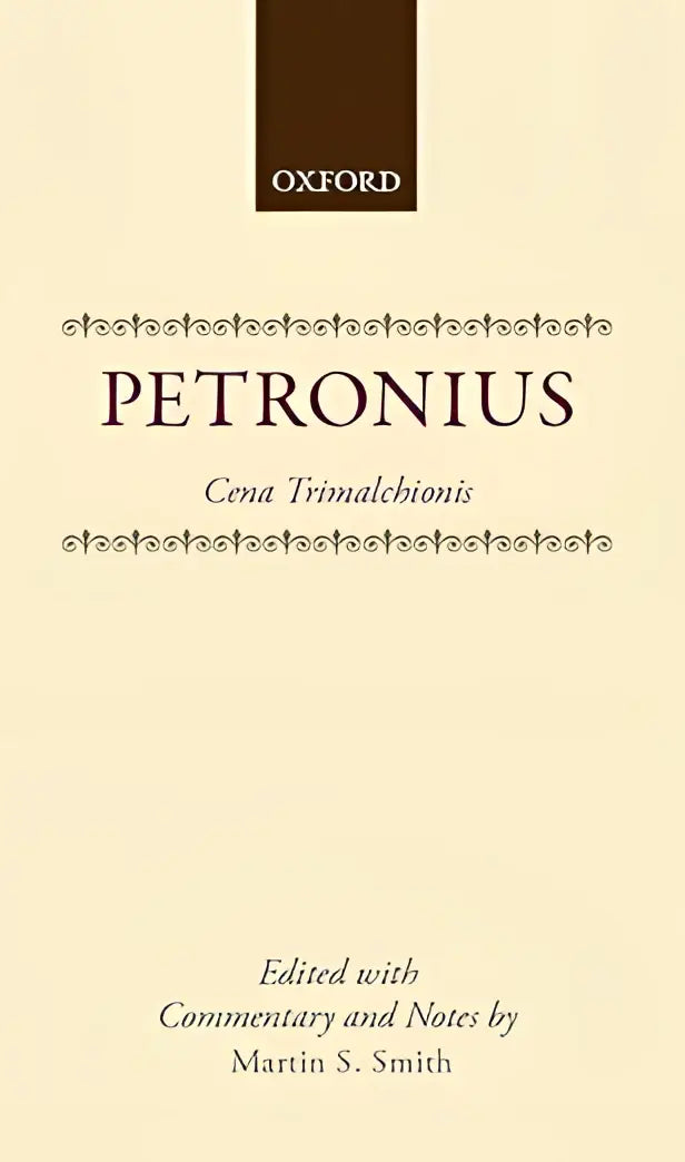 Oxford paperback boek met crèmekleurige kaft, donkerbruin logo en zwarte serif typografie voor petronius cena trimalchionis