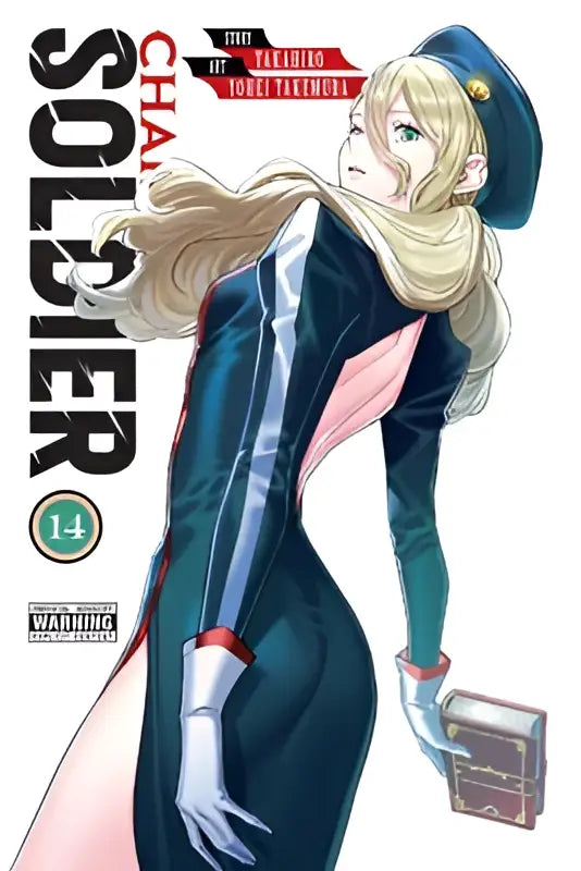 Een blonde animevrouw in een donkergroene militaire jas met roze voering en witte handschoenen uit chained soldier volume 14