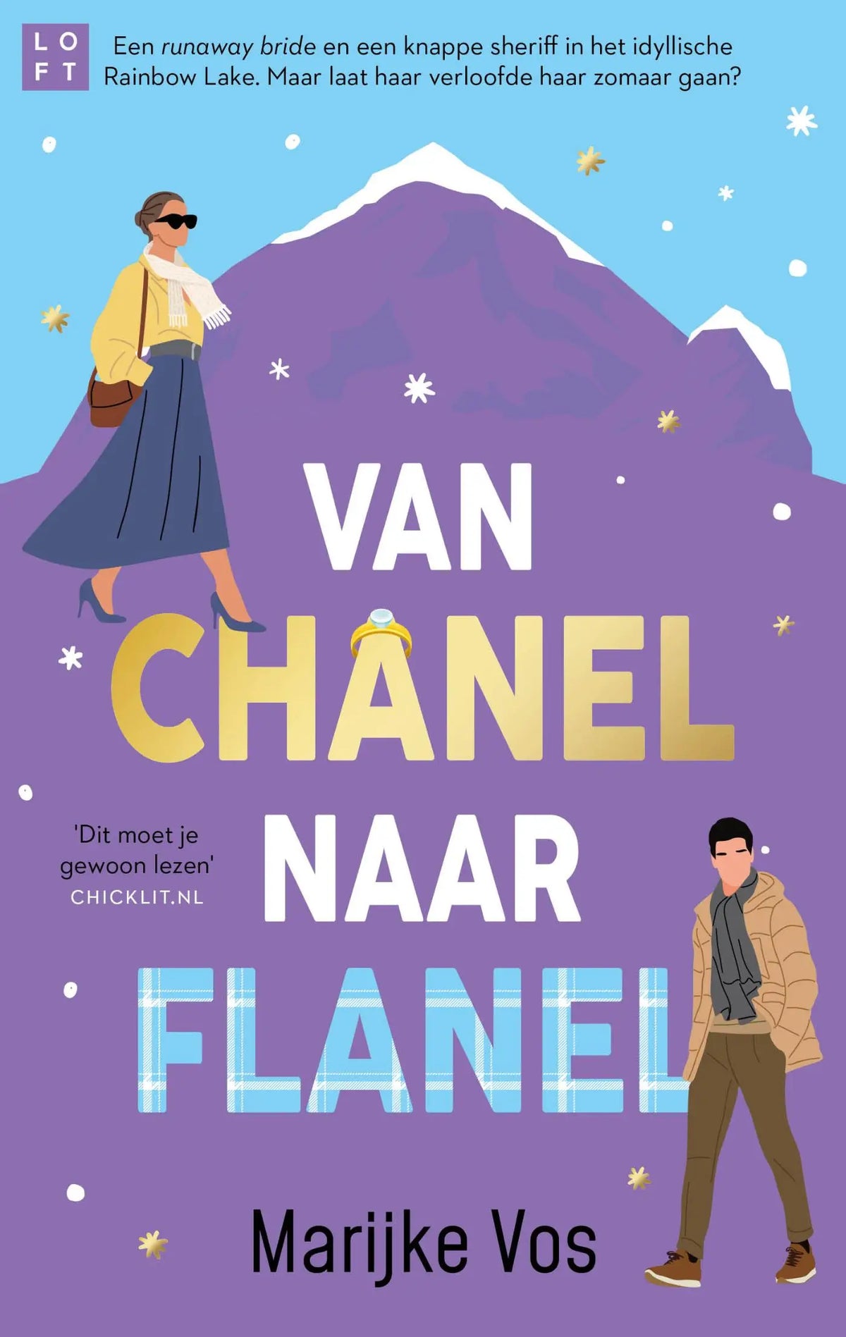 De boekcover van van chanel naar flanel toont de titel in gouden en witte letters op een paarse achtergrond