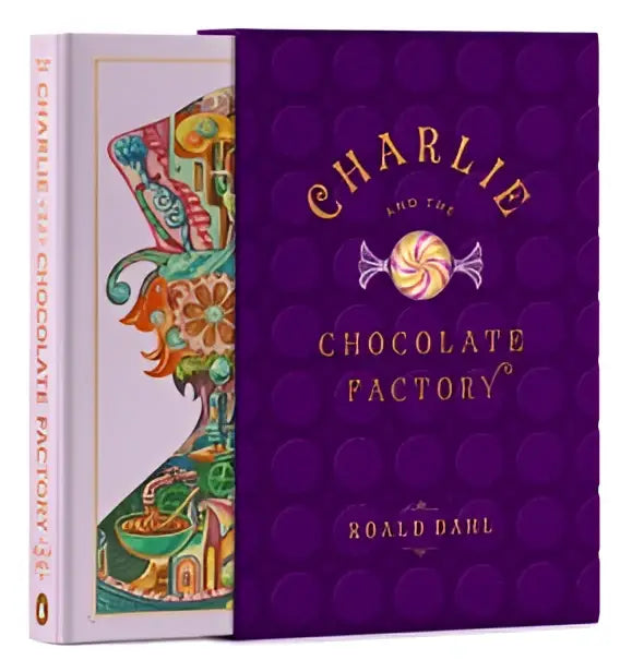 Paars hardcover boek met goudkleurige letters charlie and the chocolate factory van roald dahl teenage fiction