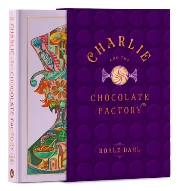 Paars hardcover boek met goudkleurige letters charlie and the chocolate factory van roald dahl met reliëf patroon