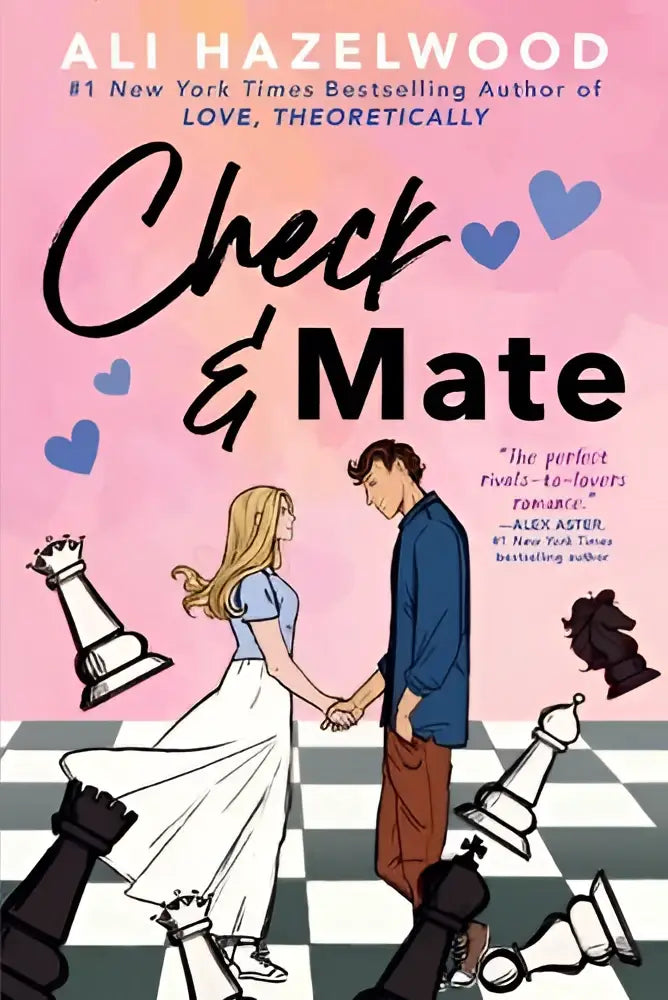 De amerikaanse paperbackuitvoering van check & mate door ali hazelwood, met een roze omslag en schaakillustraties, uitgegeven door putnam’s sons