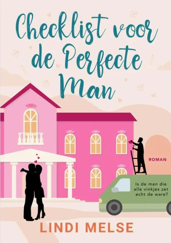 Illustratie van een roze huis met rode dak en witte zuilen in romantische stijl voor checklist perfecte man