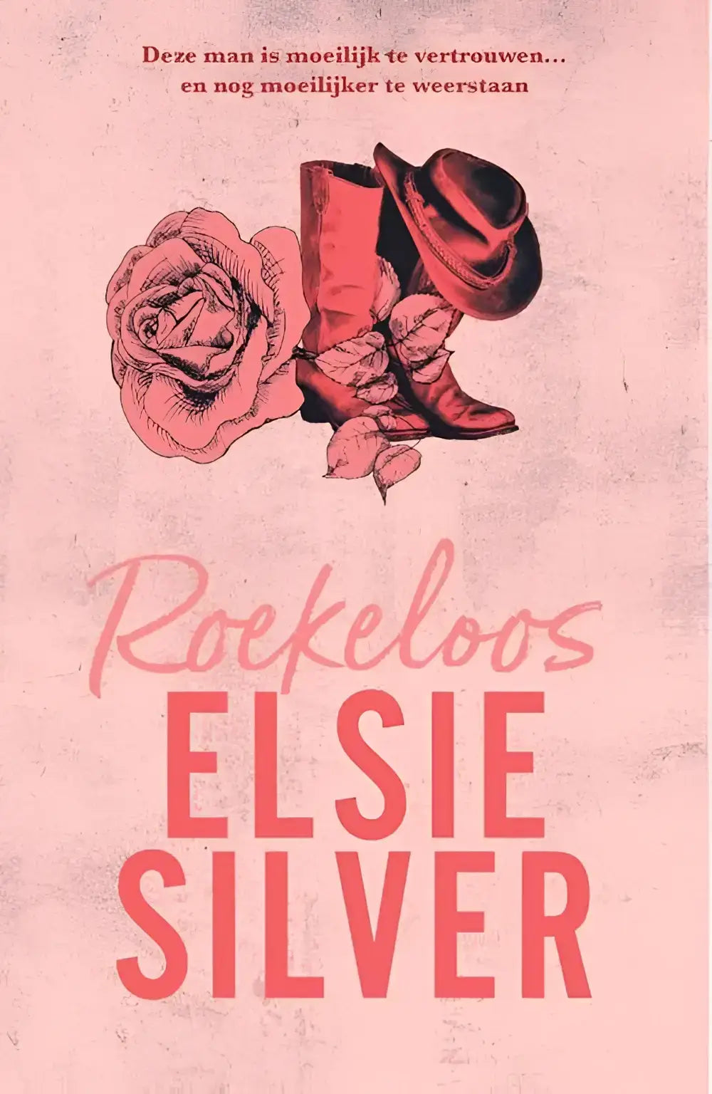 Illustratie van roze roos met rode cowboylaarzen en bijpassende hoed op roze achtergrond voor elsie silver cowboy romance van theo silva