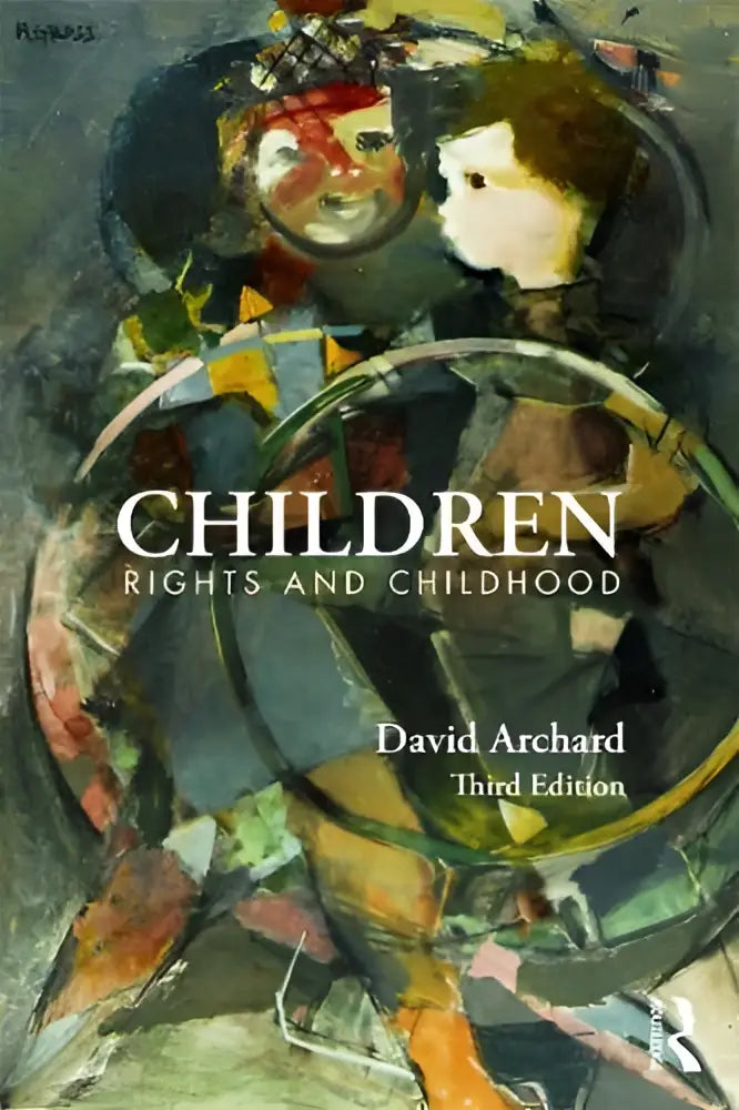 De omslag van het boek children rights and childhood toont een abstracte illustratie van twee kinderen in aardetinten en rood