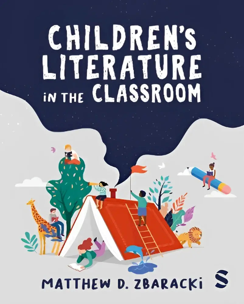 Kinderliteratuur in het klaslokaal boekomslag met een illustratie van kinderen, dieren en een tent op een rood dak onder een sterrenhemel