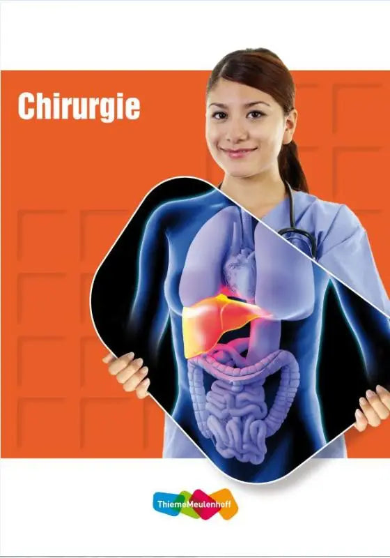 Een vrouw in lichtblauwe medische scrubs toont een transparante anatomische illustratie van het spijsverteringssysteem in chirugie