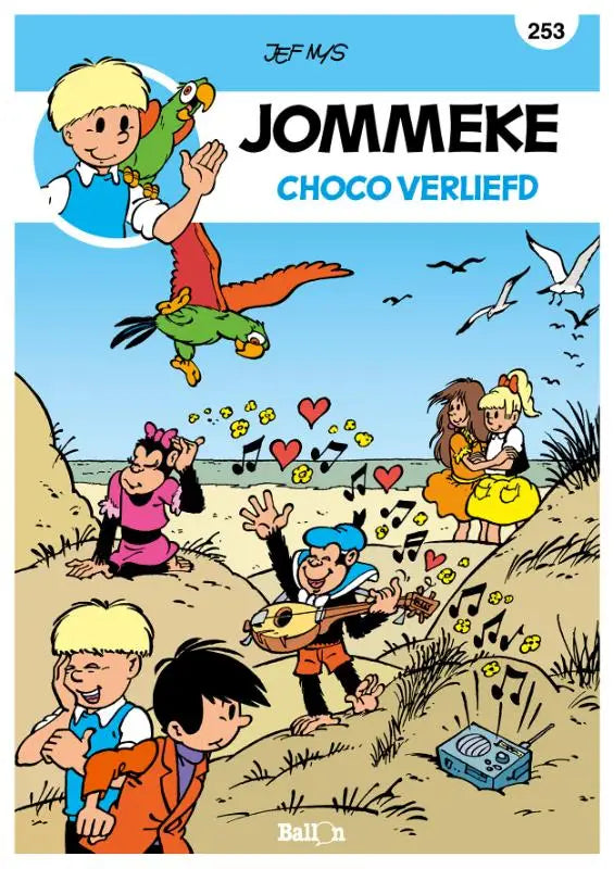 Cover van de choco verliefd jommeke strip door jef nys met kleurrijke cartoonfiguren en muzieknoten aan het strand