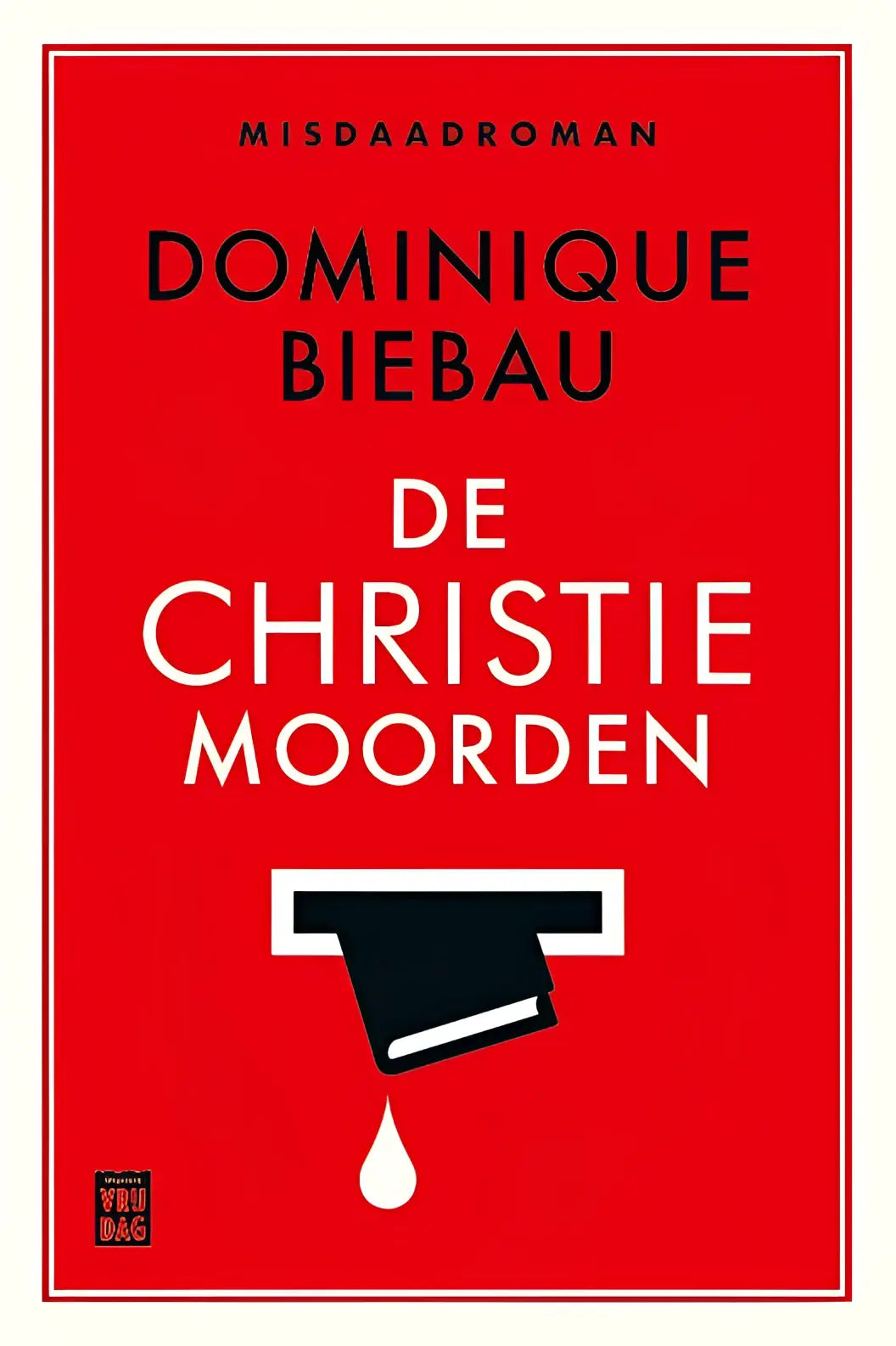 Rode boekomslag van christiemoorden met zwarte tekst en minimalistische afbeelding van hoed die in atm gleuf valt