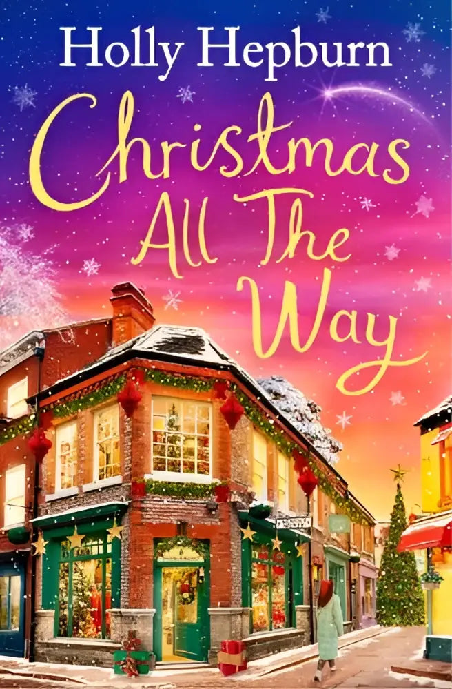 De boekomslag van christmas all the way toont een feestelijke illustratie van een met sneeuw bedekt bakstenen gebouw met kerstdecoraties