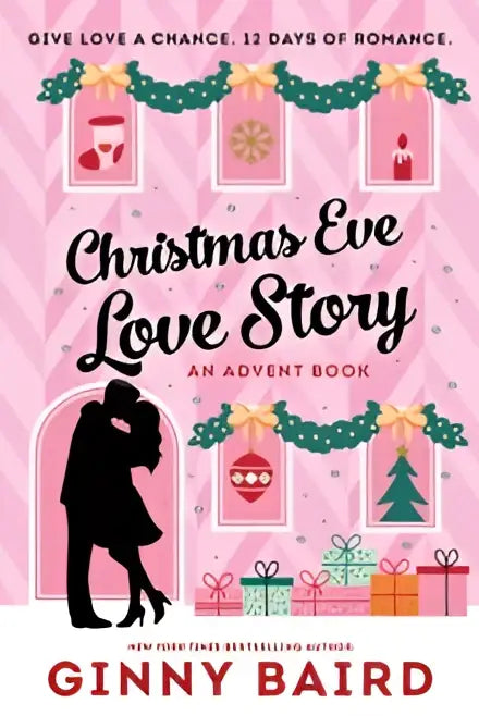 Christmas eve love story advent book by ginny baird in pink with new york city couple silhouette and festive decorations