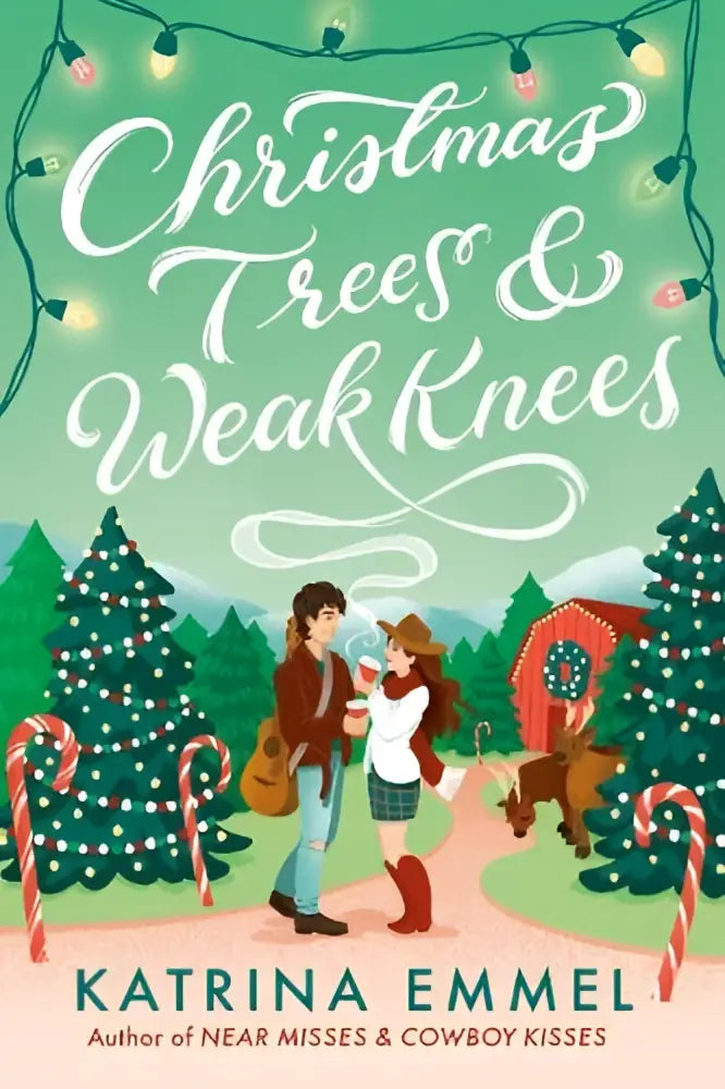 The children’s book christmas trees and weak knees features white cursive on a green cover with candy canes and pine trees by random house children’s