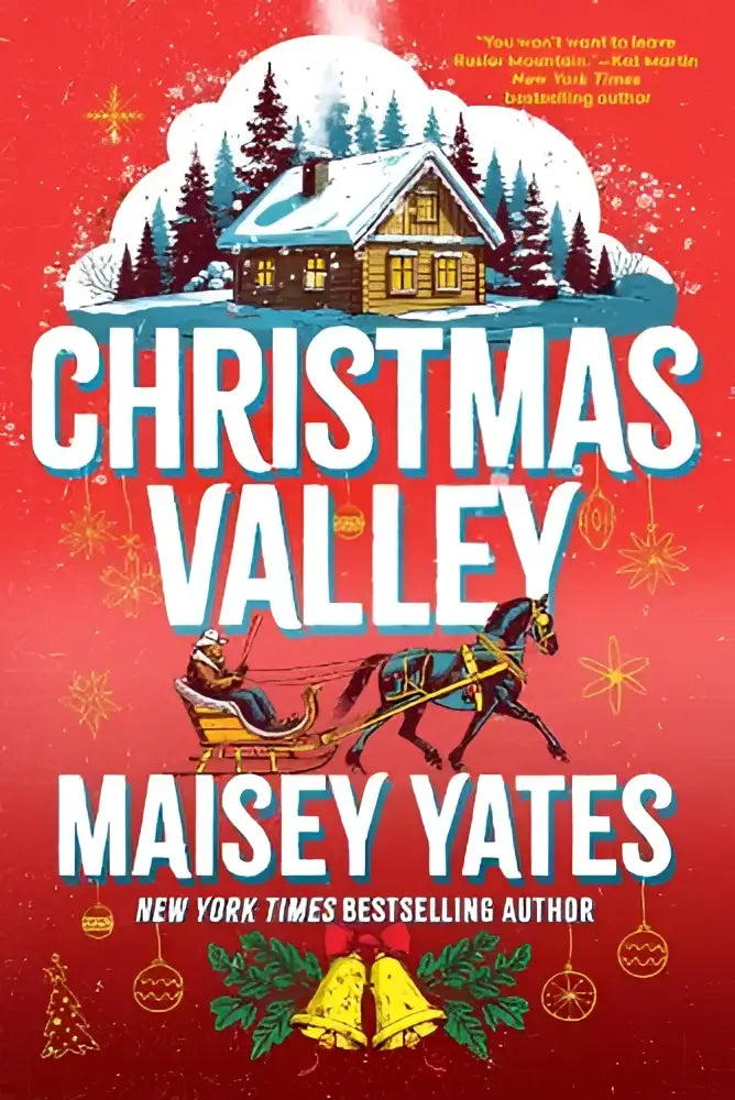 Rood boekomslag van christmas valley met een besneeuwde blokhut, paardenslee en feestelijke decoraties van kensington publishing