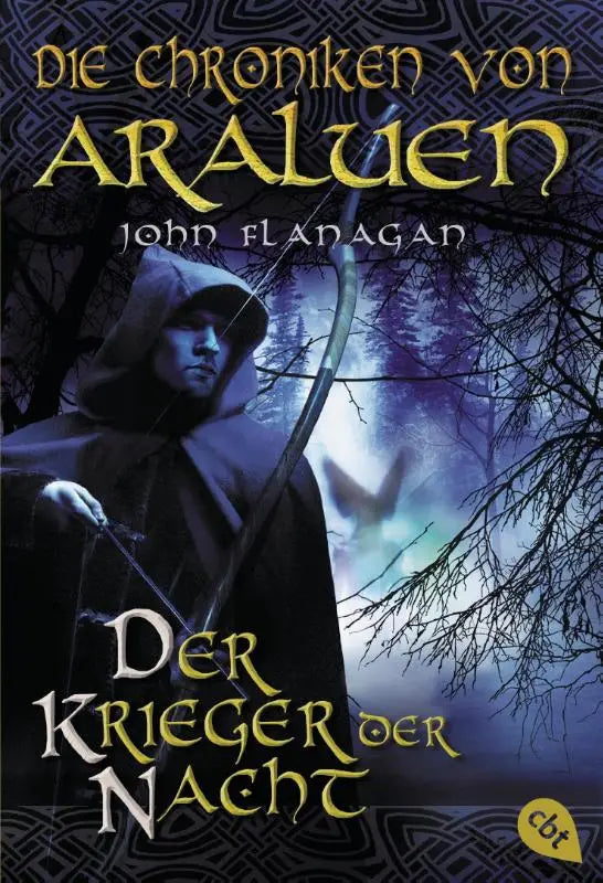 Donkere met kap figuur met boog en pijl op de cover van die chroniken von araluen der krieger der nacht boek