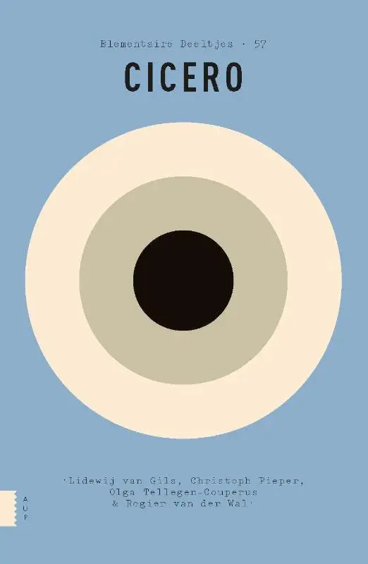 Minimalistische boekcover van cicero elementaire deeltjes 57 met concentrische cirkels in crème beige en zwart op lichtblauwe achtergrond