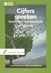 The book cover of cijfers spreken by hilbrand oldenhuis and joep brinkman features bold black text and a green and white design with trees against a cloudy sky