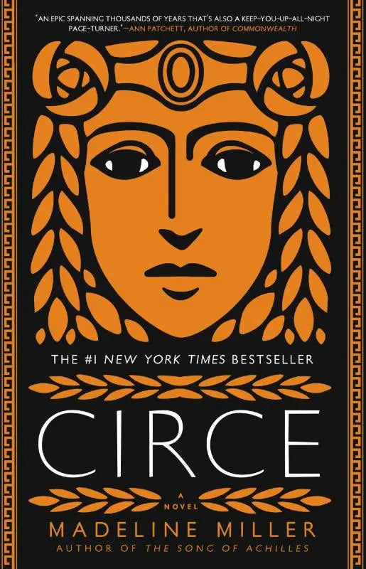 Oranje gestileerde gezichtsillustratie op zwarte omslag van de roman Circe door Madeline Miller
