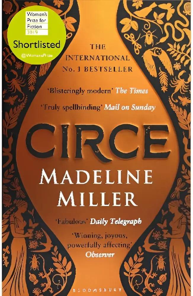 De boekomslag van Circe door Madeline Miller toont een goud-oranje design met ingewikkelde zwarte mythologische lijnen
