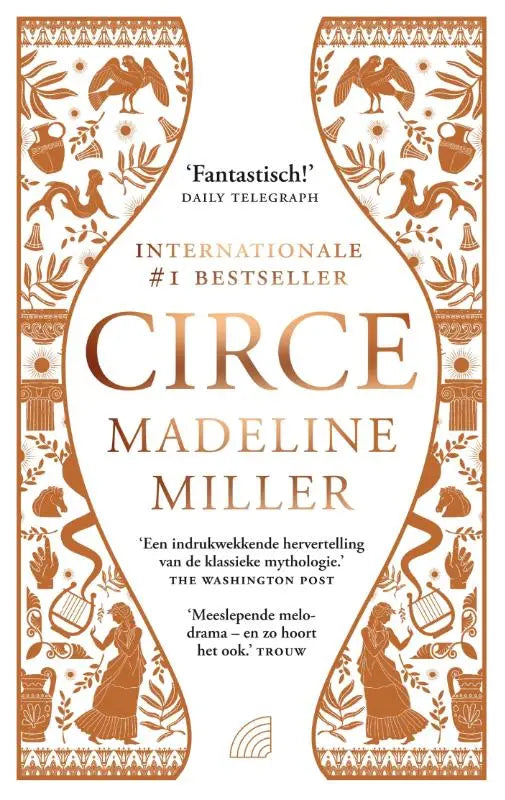 A book titled circe by madeline miller with a white cover and intricate orange mythological illustrations