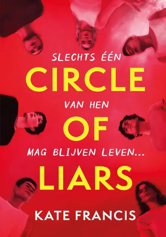 Vibrant rood boek met titel circle of liars in gele letters en silhouetten van mensen in een cirkel voor jonge lezers