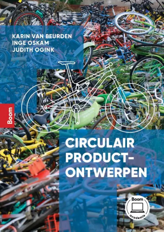 De boekcover van circulair productontwerpen door inge oskam en judith ogink toont kleurrijke fietsen in diverse tinten