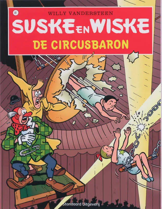 De cover van de comic suske en wiske de circusbaron door willy vandersteen met levendige illustraties en rode letters