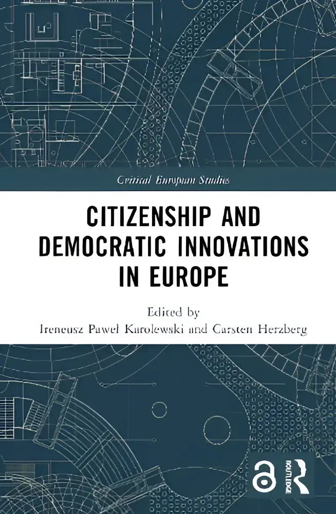 Blauw technisch blueprint-stijl boek over citizenship and democratic innovations in europe met focus op citizenship and democratic thema’s