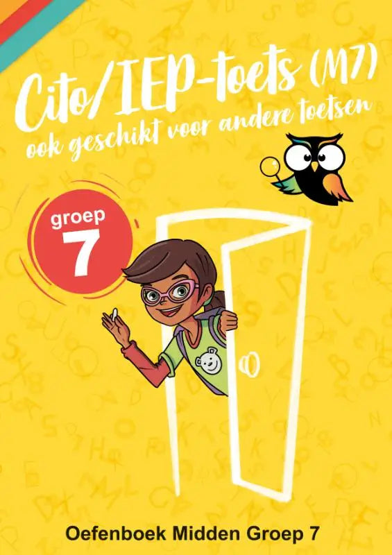 Heldergele cito iep-toets workbook met cartoonmeisje en uil, geschikt voor cito iep-toets en andere toetsen