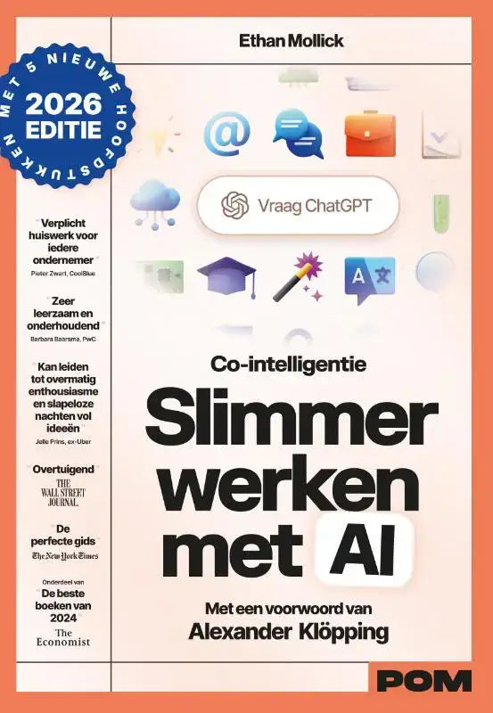 De boek co-intelligentie van ethan mollick toont kunstmatige intelligentie met kleurrijke technologie iconen