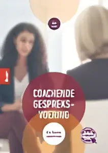Een cirkelvormige rode en witte graphic met de tekst coaching-geleiden voor coachende gespreksvoering van liesbeth ruijs en wim donders