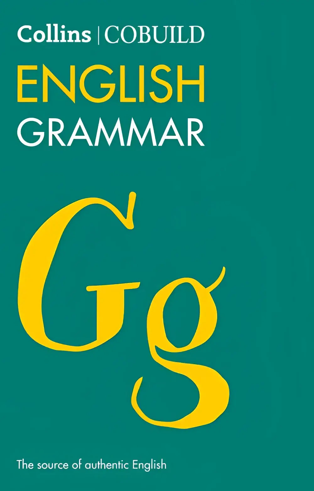 Teal gekleurd collins cobuild engels grammaticaboek met opvallende gele letters en gestileerd gg ontwerp, vierde editie