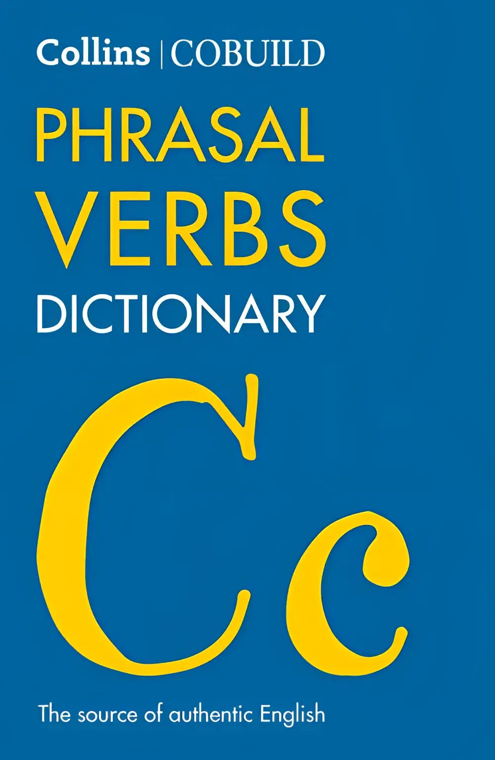 Blauwe hardcover cobuild phrasal verbs dictionary met vetgele letters en grote gestileerde c op de voorkant