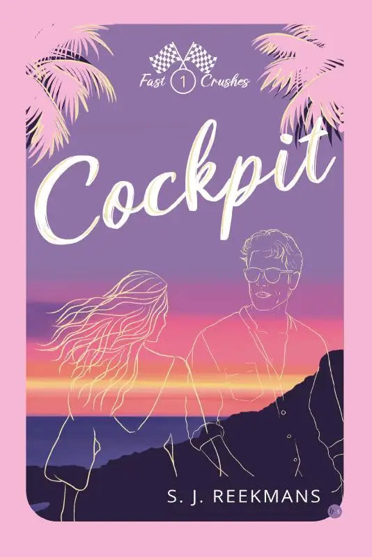 Pink en paarse gradient boekomslag cockpit met witte cursieve titel en gestileerde palmbomen rond zonsondergangscène