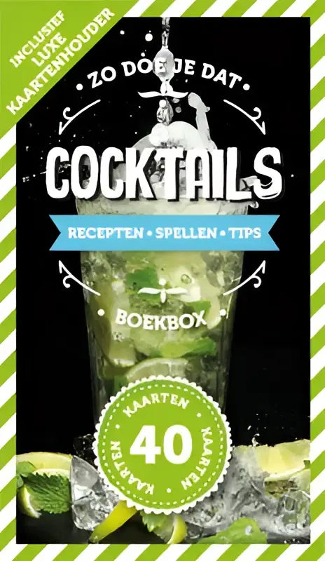 Groen-wit gestreepte cocktails boekomslag met stevige karton en afbeeldingen van cocktailglas met munt en limoen
