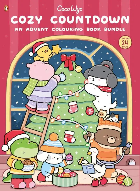 Cozy countdown advent colouring book bundle by coco wyo featuring 24 books with festive cartoon animals decorating a christmas tree