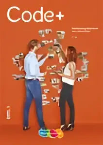 De illustratie toont drie mensen die stapels geld vasthouden tegen een oranje achtergrond bij Code+ product