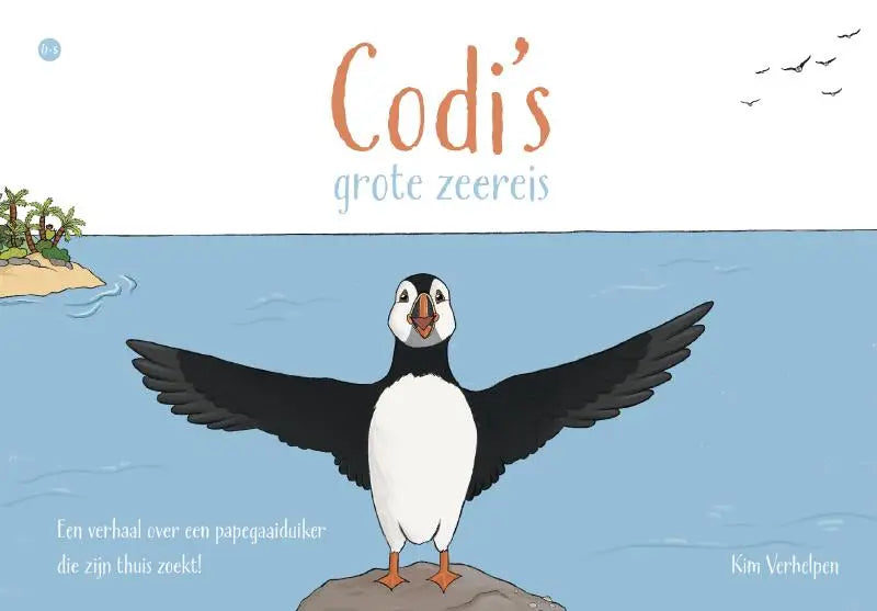 Een cartoon papegaaiduiker met zwart-witte veren en oranje snavel die zijn thuis zoekt in codi’s grote zeereis