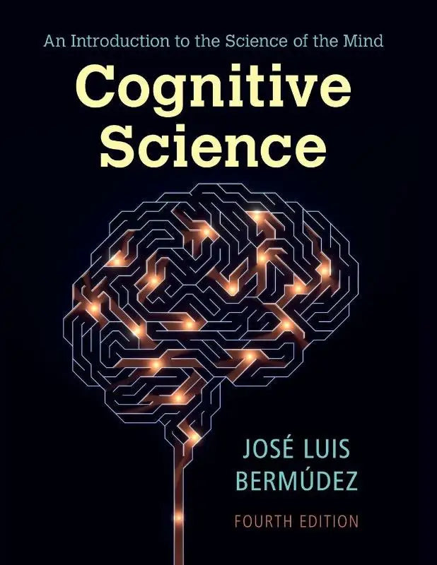 Zwarte boekomslag met een gloeiend oranje-wit circuitbord in de vorm van een brein en de titel cognitive science in geel als introductie tot cognitieve wetenschap