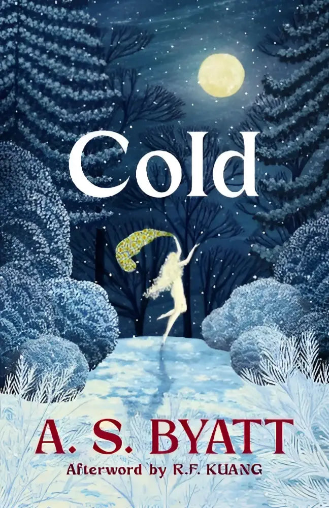 De boekcover van cold toont een gloeiend dansfiguur onder een volle maan in een sneeuwachtig bos vintage publishing