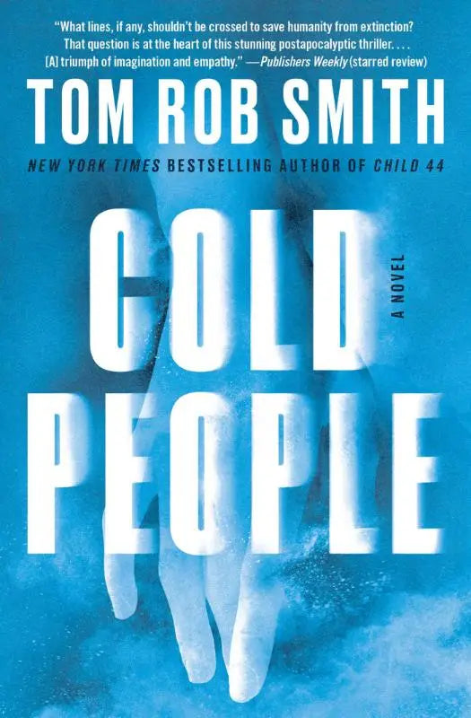 Blauw boekomslag van cold people met titel in witte hoofdletters en een licht doorzichtige handafdruk op de achtergrond
