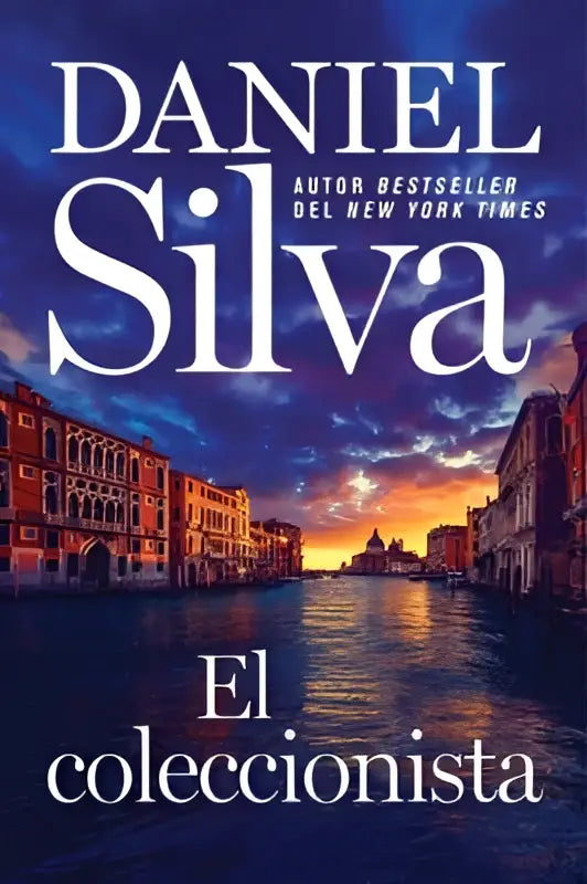 De el coleccionista boek cover toont titel door daniel silva met een dramatische zonsondergang boven venetiaanse kanalen