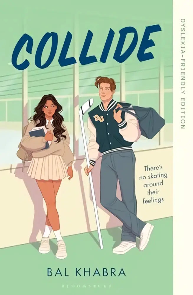 The book collide dyslexia-friendly edition shows two teens walking the cover featuring bold blue title in a sports romance theme
