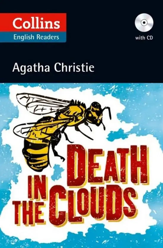 Collins agatha christie readers b2 death in the clouds boek met mp3 audio-cd voor english language learners met gele en zwarte bij op blauwe lucht achtergrond