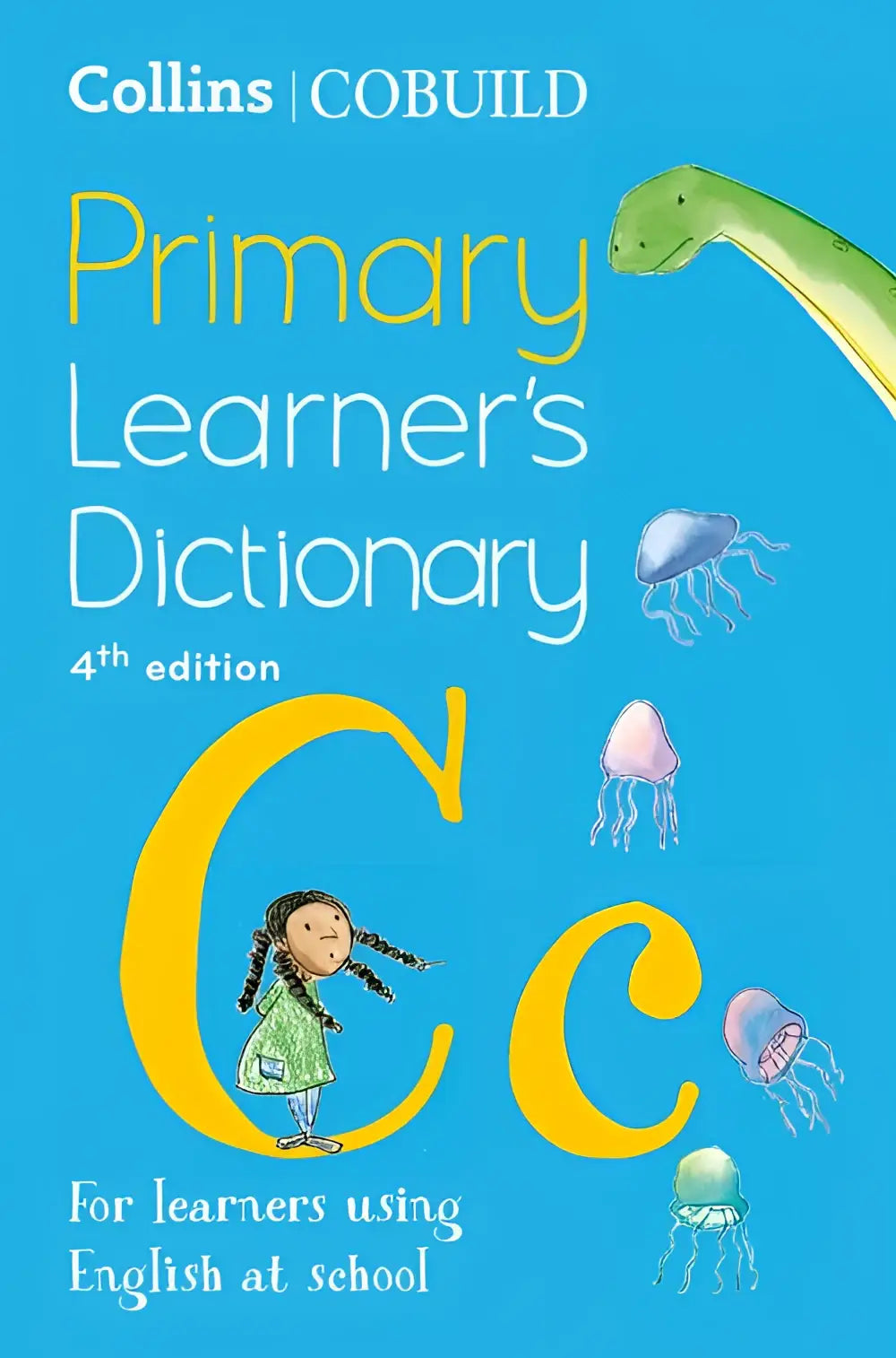 Helderblauwe kaft van de collins cobuild primary learners dictionary 4e editie met een grote gele c en illustraties