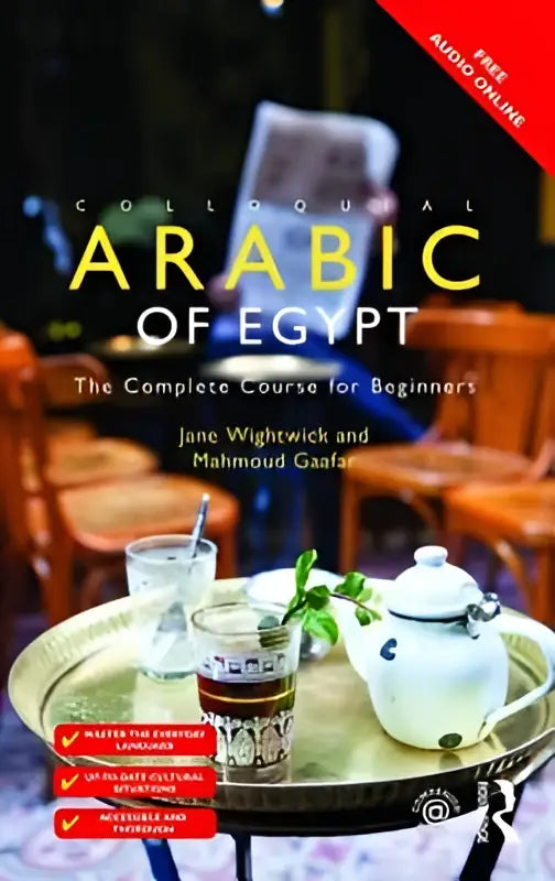De complete course colloquial arabic of egypt book cover featuring a white ceramic teapot with gold detailing on brass tray