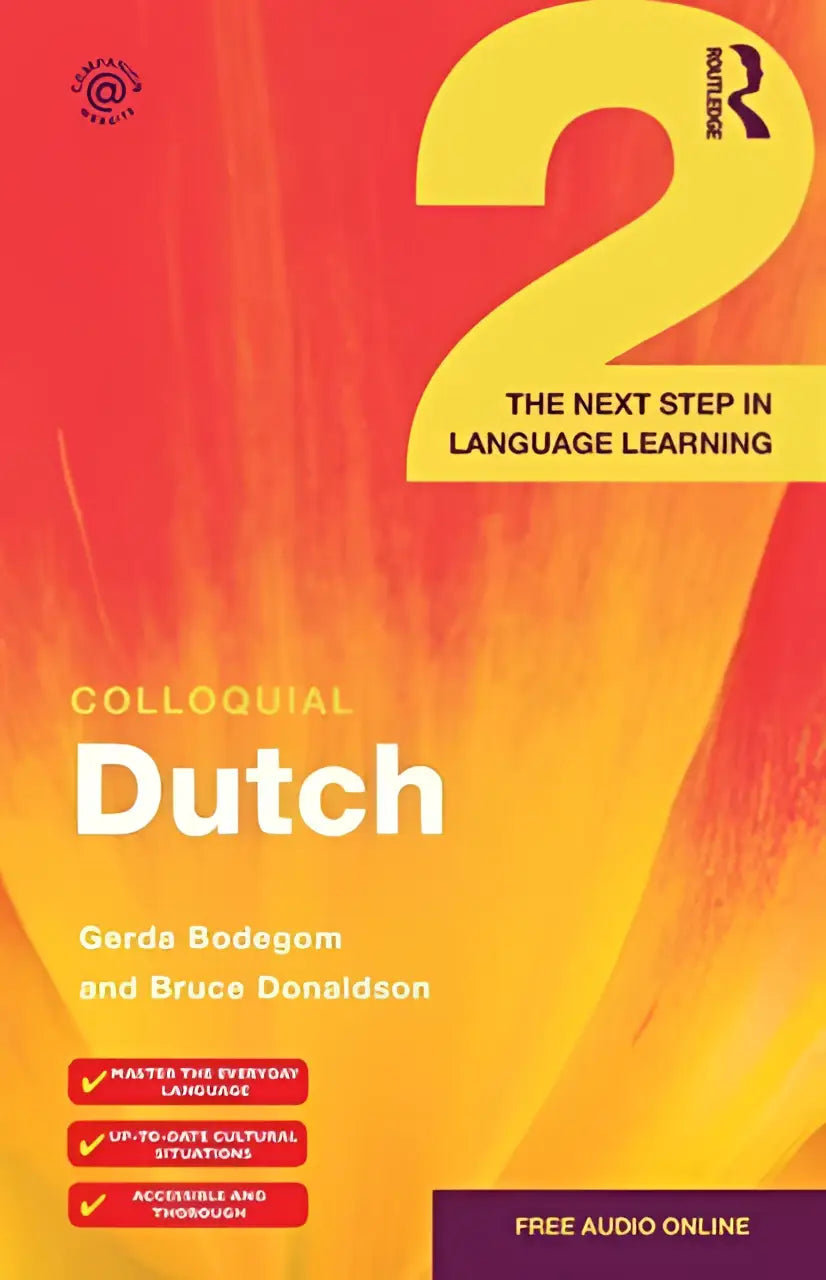 Vibrant orange and yellow gradient cover of colloquial dutch 2 language learning book by gerda bodegam and bruce donaldson