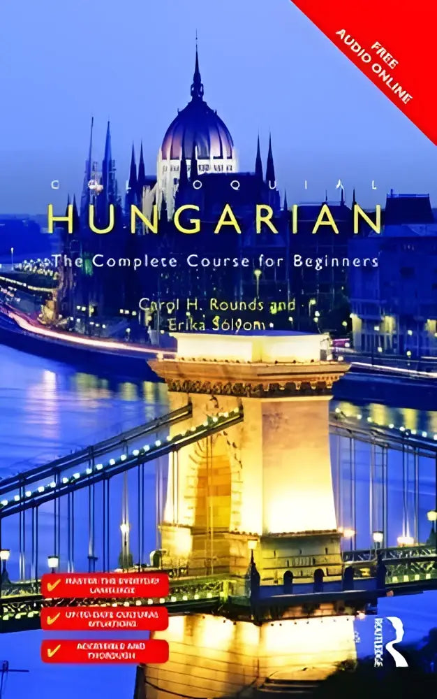 De complete course colloquial hungarian toont kettingbrug en parliament verlicht bij nacht, ideaal als course for beginners