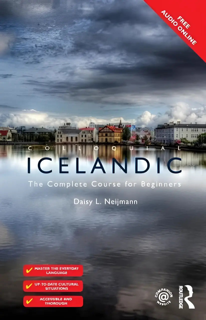 De complete course colloquial icelandic book cover with colorful waterfront buildings under dramatic clouds for beginners